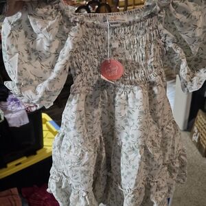 Smocked Floral Tiered Girls' Dress in Sage Green